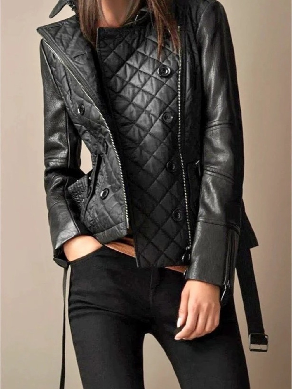 BURBERRY BRIT Black Quilted Lambskin Leather Jacket Moto Womens Medium